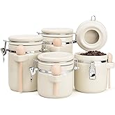 ZEBERBO 4-Piece Airtight Ceramic Canisters Set with Wooden Spoons & Chalk Labels – Perfect for Coffee, Sugar, Flour, Tea (Cream) – Stylish & Leakproof Kitchen Storage