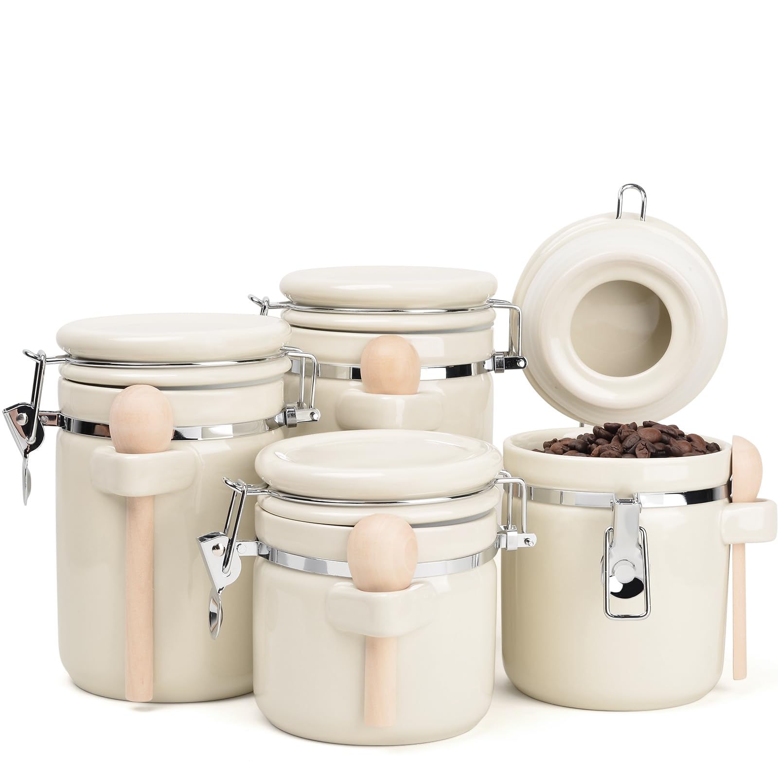 Photo 1 of ***PARTS ONLY**ZEBERBO 4-Piece Airtight Ceramic Canisters Set with Wooden Spoons & Chalk Labels – Perfect for Coffee, Sugar, Flour, Tea (White) – Stylish & Leakproof Kitchen Storage