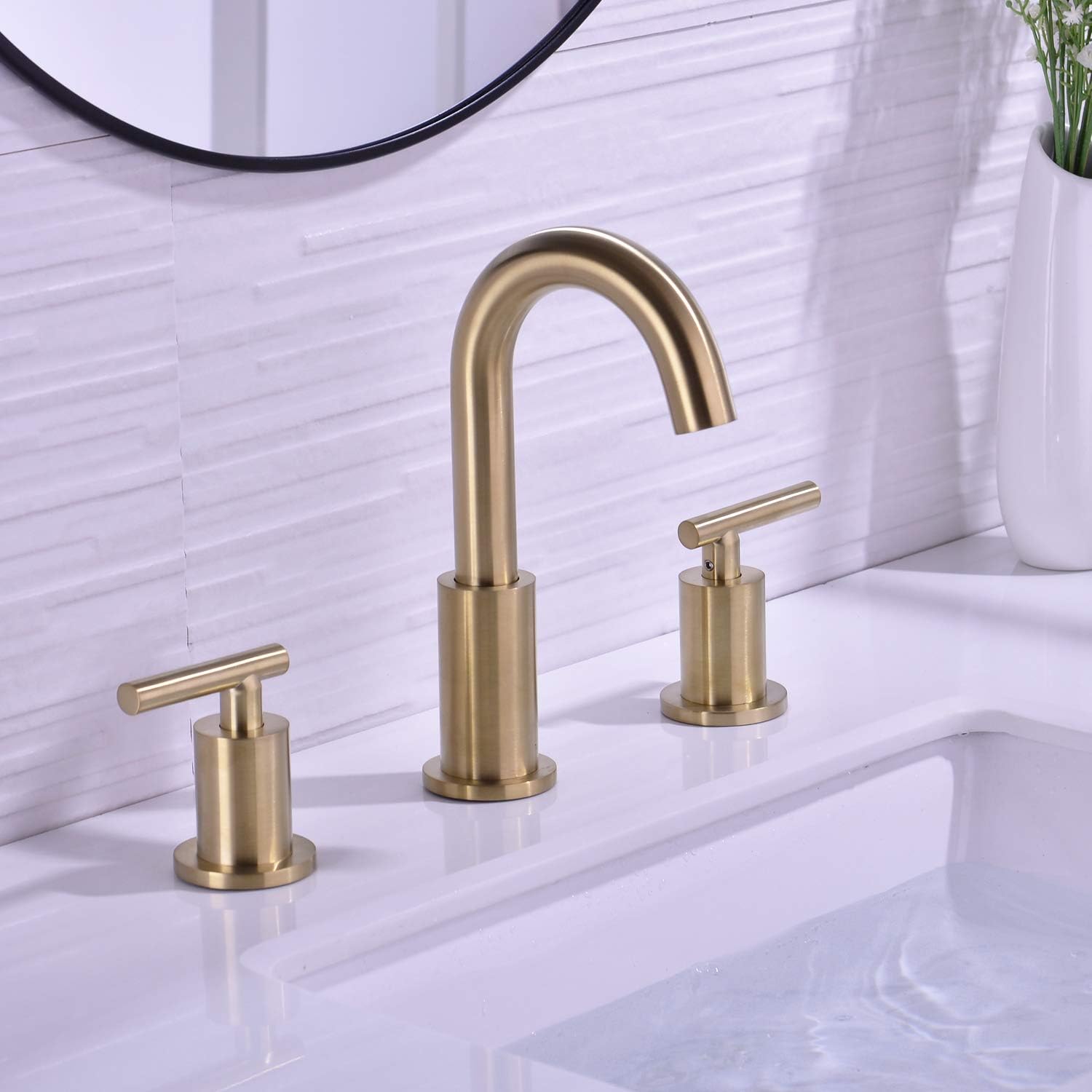 TRUSTMI 2 Handle 8 Inch Brass Bathroom Sink Faucet 3 Hole Widespread with Valve and cUPC Water Supply Hoses, with Overflow Pop Up Drain Assembly, Brushed Gold - - 