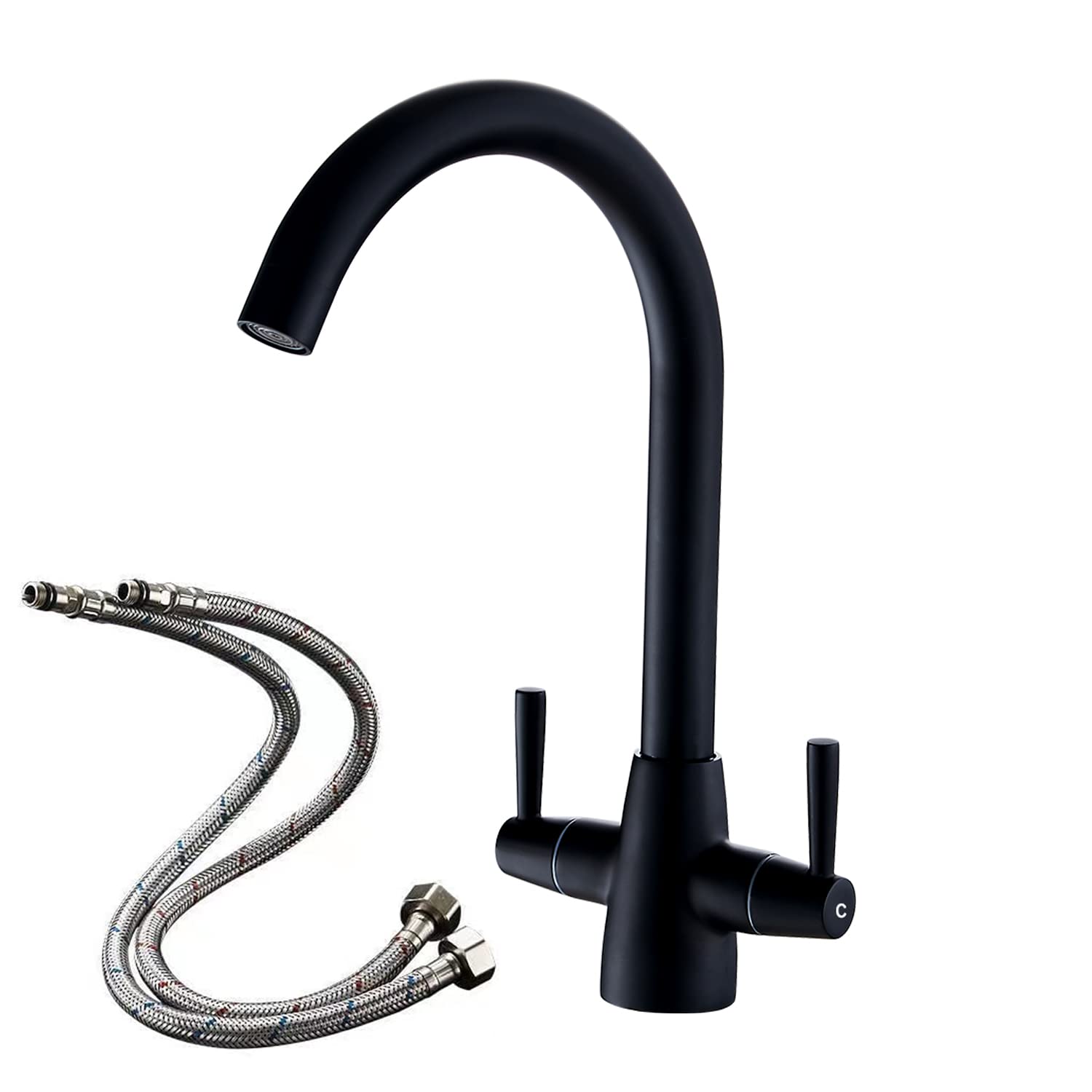 Kitchen Taps Mixer Matte Black 1 Hole High Arch Monobloc Brass Material Dual Lever for Kitchen Sink Deck Mount Easy to Install