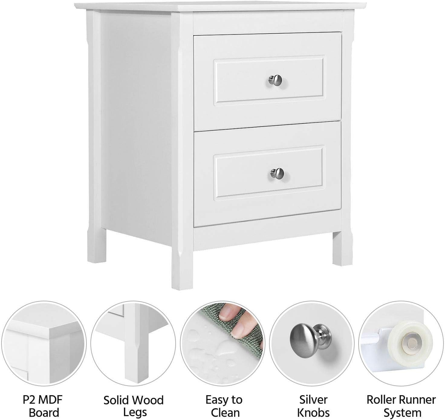 Yaheetech Pair White Bedroom Bedside Table Storage Nightstand Sofa End Table 2 Drawers White Home Kitchen Bedside Tables