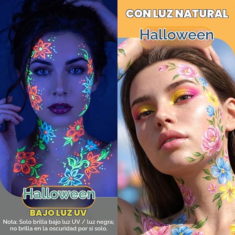 Pintacaras Infantil, 12 Colores UV Fluorescente Pintura Cara Niños Hipoalergenica, Pintura de Cara de Neón Brillante UV, Rotuladores Corporales para Piel Punta Individual para Halloween Carnaval — foto 4 de 8