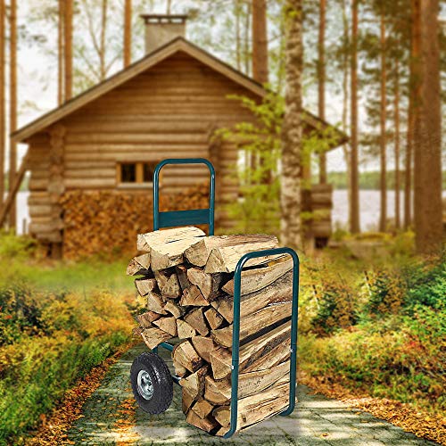 Livebest Portable Firewood Cart Log Fire Wood Carrier Holder Transport Rolling Steel Backyard Patio Garden, Green - Thumbnail 3