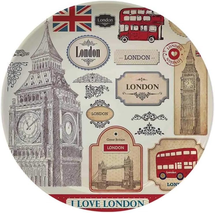 MOOCOM London Display Plate,Conventional British Characteristics Big Ben Red Bus Tower and Bridge Banner for Bedroom,7 inch