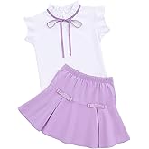 LIONJIE Girl's Skirt Sets 2 Piece Outfit Spring Summer Clothes Peter Pan Collar Tops Ruffle Mini Skirts with Bow 3-12Y