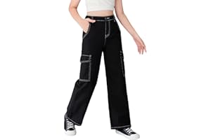 SweatyRocks Girl's Casual Elastic Waist Zip Up Denim Pants Straight Leg Cargo Jeans with Pocket