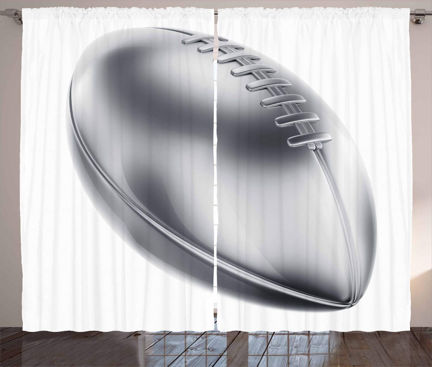ABAKUHAUS Grey Curtains, Realistic American Football in 3D Style Sports Theme Champion Victory Trophy, Living Room Bedroom Window Drapes 2 Panel Set, 102 L X 110 W, Grey Pale Grey White