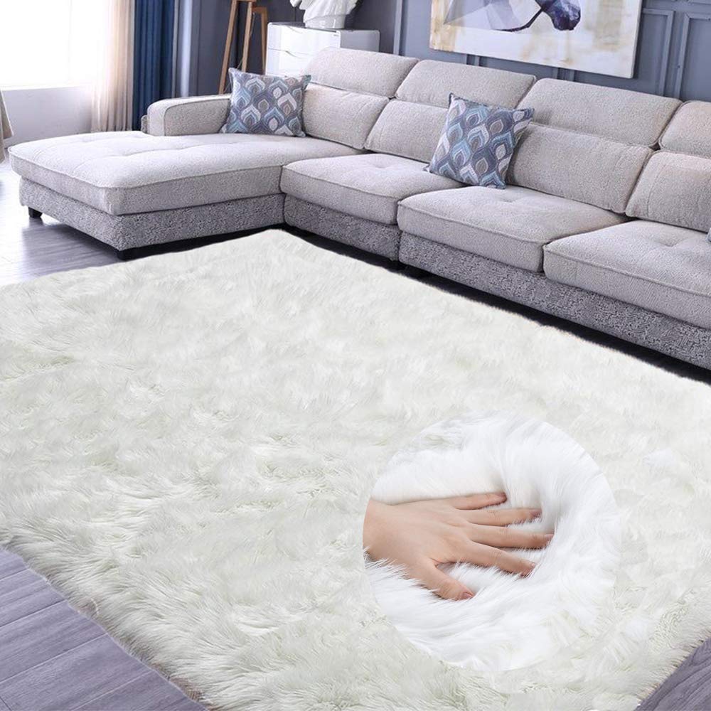 JunYito Rug Shaggy Floor Rug Faux Fur Large Carpet Thick Mat Non-slip for Living Room Bedrooms Girls Kids Rooms Decor (White, 4x6ft (120x180cm))