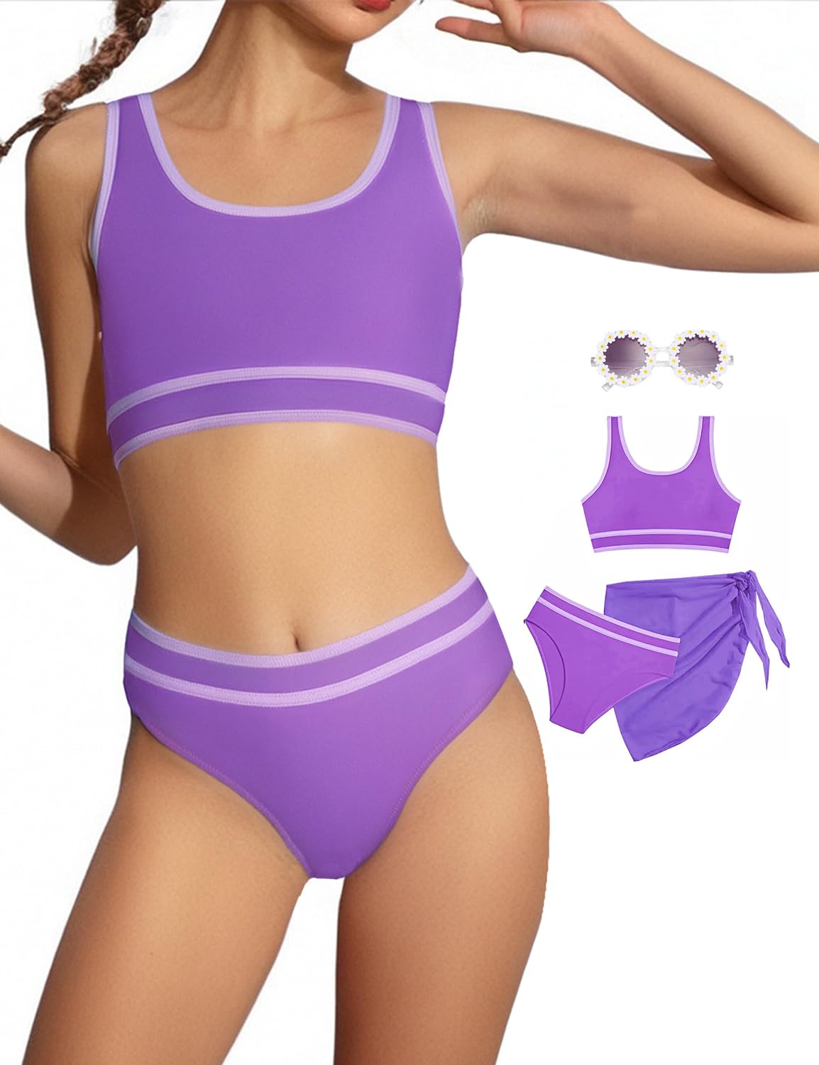 Photo 1 of Teen Girls Swimsuit High Waist Sporty Bikini Bathing Suits with Cover Up Skirt and Sunglasses 4 Piece Set 8-15 Years (US, Age, 14 Years, 15 Years, Purple)