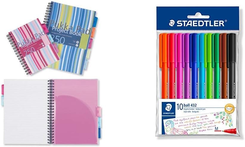 Pukka Pad A4 Project Book (Pack of 3) &STAEDTLER 43235MBP10 Medium Rainbow Ballpoint Pens, Assorted Colours, Pack of 10