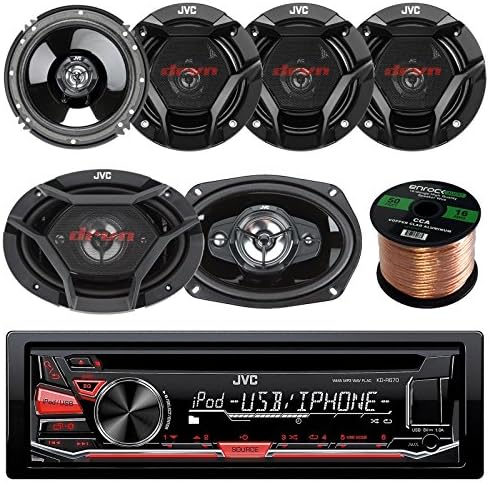 Single DIN Car Stereo CD Player Receiver Bundle Combo with 2X 6x9 500w 3-Way Vehicle Stereo Coaxial Speakers + 4X 6.5 300W 2-Way Audio Speakers + Enrock 50 Foot 16 Gauge Speaker Wire