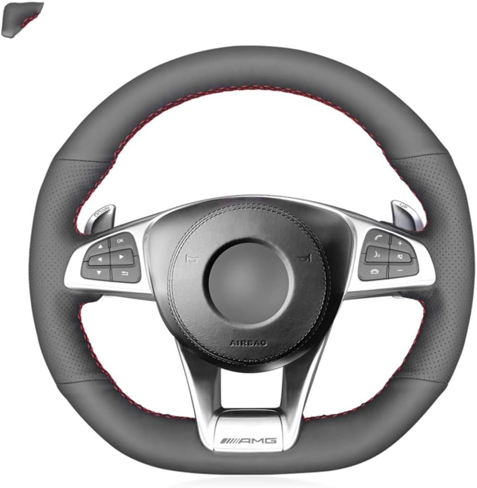DANDELG Black Leather Steering Wheel Cover,for Mercedes-Benz A 45 AMG 2016-2018 C 43 63 AMG CLA 45 CLS 63 AMG 2015-2018