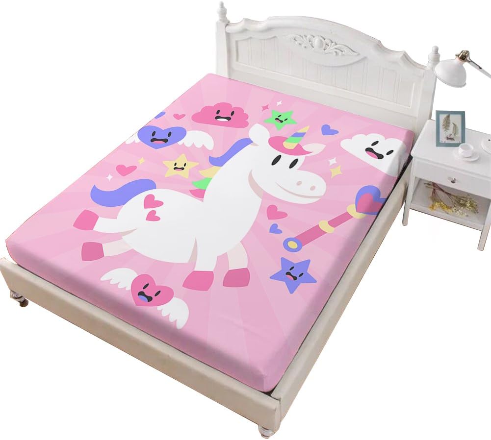 Hsign Fitted Sheet Single Bed Sheet 1 PC Pink Unicorn Sheet for Kids