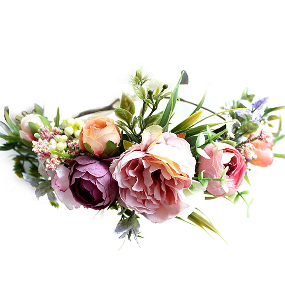 Adjustable Floral Crown Headband Flower Garland Hair Band Flower Halo Floral Headpiece with Ribbon for Women Girls