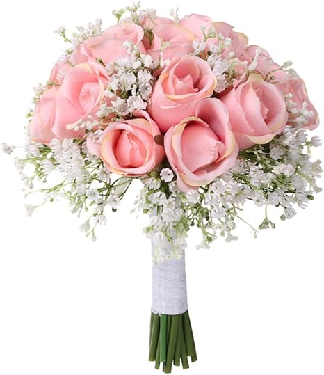 Amazon ピンク バラ かすみ草 ウエディングブーケ ブライダルブーケブーケ 花嫁ブーケ 菊 ユリ 花束 結婚式 花束 オンライン通販