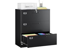 MIIIKO Lateral File Cabinet with Lock, 3 Drawer Lateral Filing Cabinet, Large Deep Drawers Locked by Keys, Metal Storage File Cabinet for Hanging Files Letter/Legal/F4/A4 Size