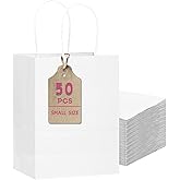 qiqee 50-Packs White Paper Gift Bags with Handles Bulk 8.3"x3"x 6" Small Size Paper Bags Multiple Uses(Small Size)