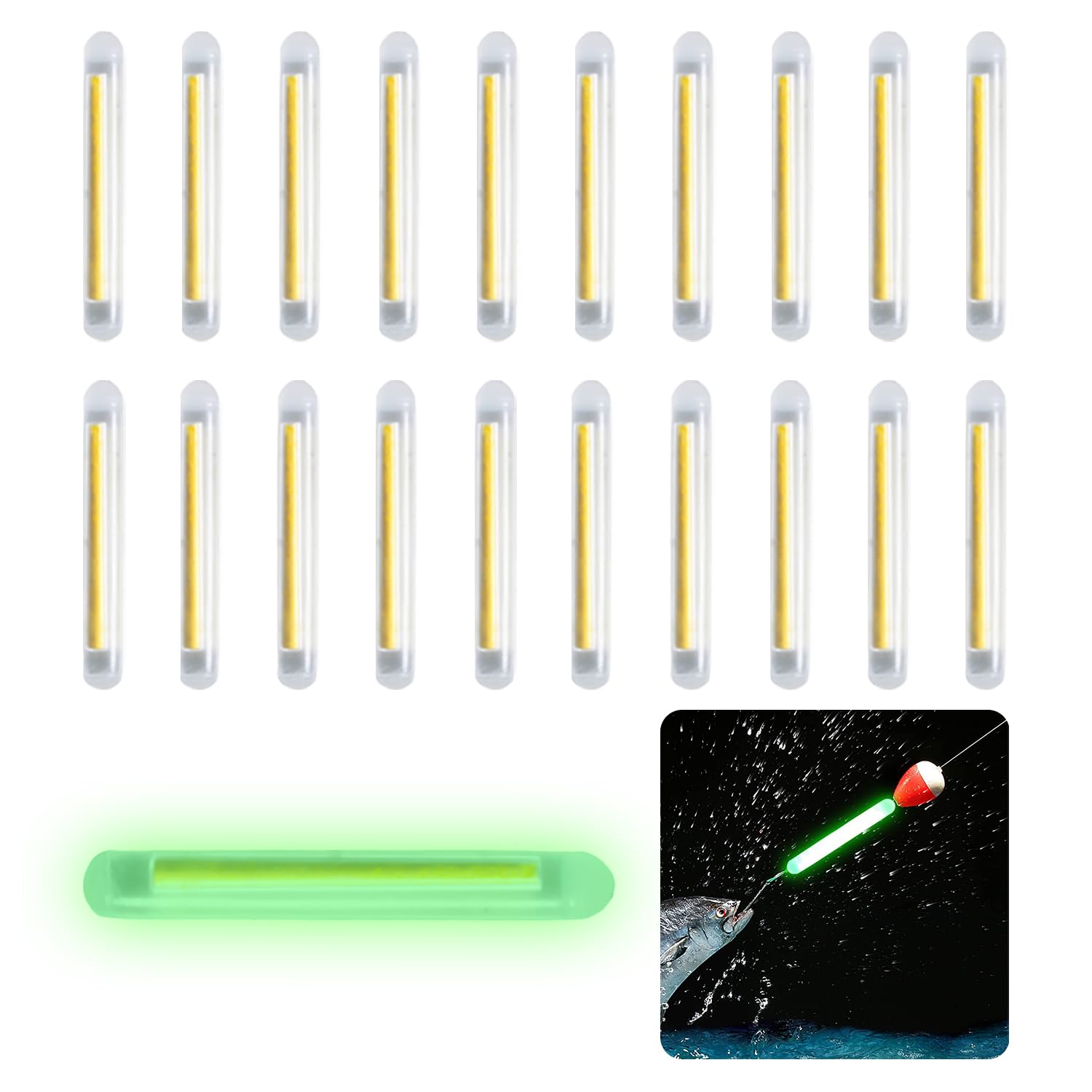 MagiSel Glow Stick, 20 Pieces, Green Fluorescent, FISHING_HOOK, for Fishing, Night Fishing, Floats, Rod Tips, Buoys, Eel Bells etc.