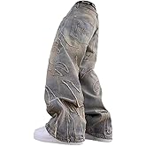 FEUSEUZ Y2K Men's Street Retro Hip-hop Flame Splicing Wide Leg Gothic Loose Jeans
