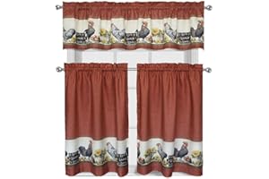 Decotex 3 Piece Window Treatment Kitchen Curtain Tier & Valance Set (36" Tier Set, Rooster)