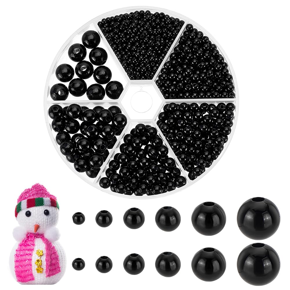 PH PandaHall 1070pcs Black Beads 3/4/5/6/8/10mm Black Eyes Beads Smooth Craft Bead Round Spacers Embroidery Bead for DIY Jewellery Making Crafting Eyes Knitting Amigurumi Decorations