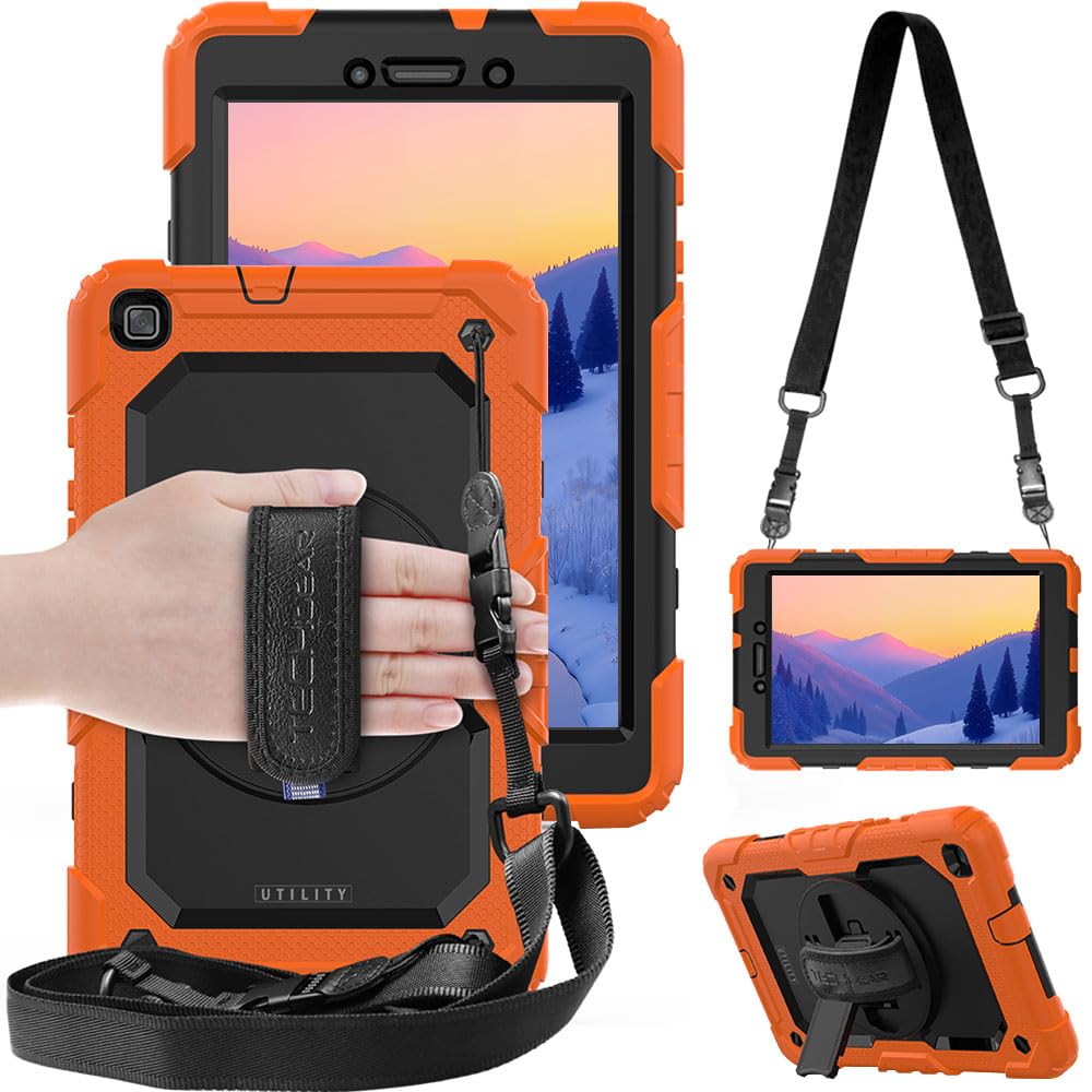 TECHGEAR UTILITY Case fits Samsung Galaxy Tab A 8.0 2019 8" (SM-T290 / SM-T295) Tough Rugged HEAVY DUTY Armour Shockproof Case with 360 Rotating Stand, Hand Strap and Shoulder Strap - Orange