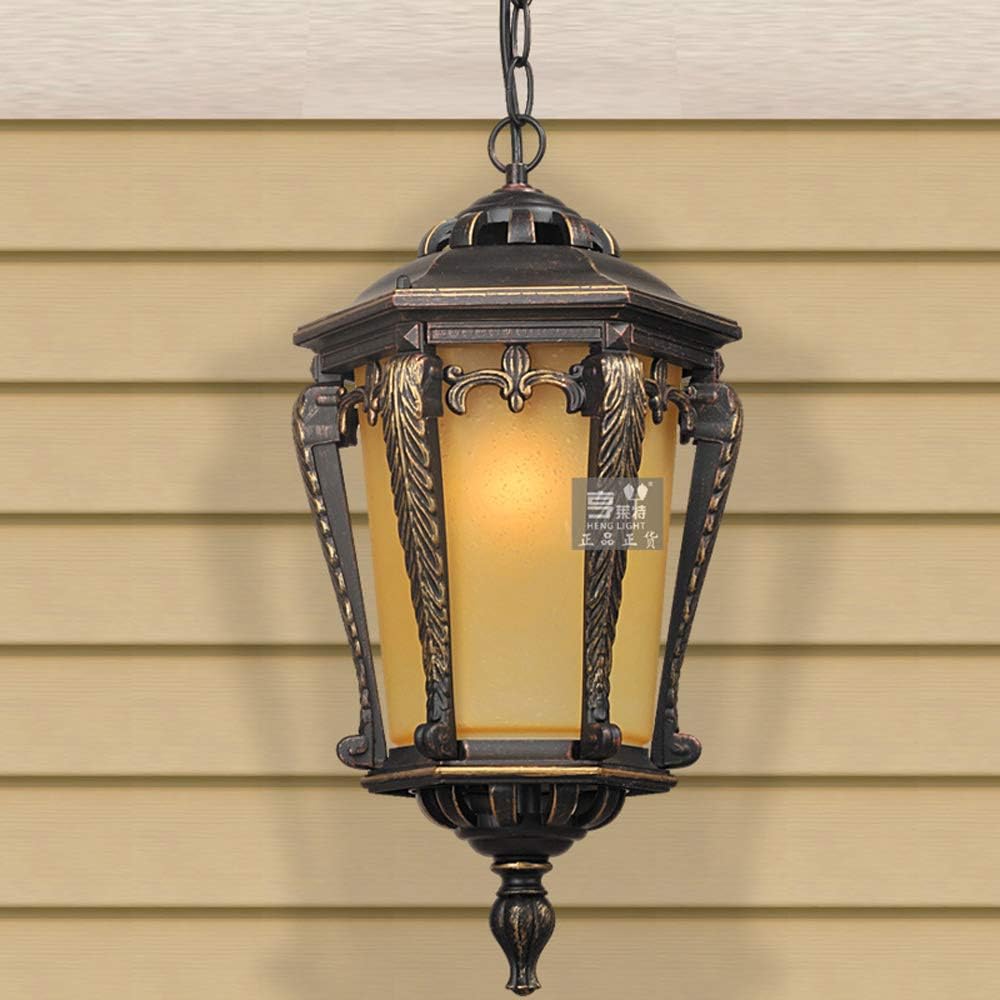 Hdmy 1-Light Outdoor Hanging Lights Traditional Porch Patio Yellow Glass Pendant Lighting (Size : S)