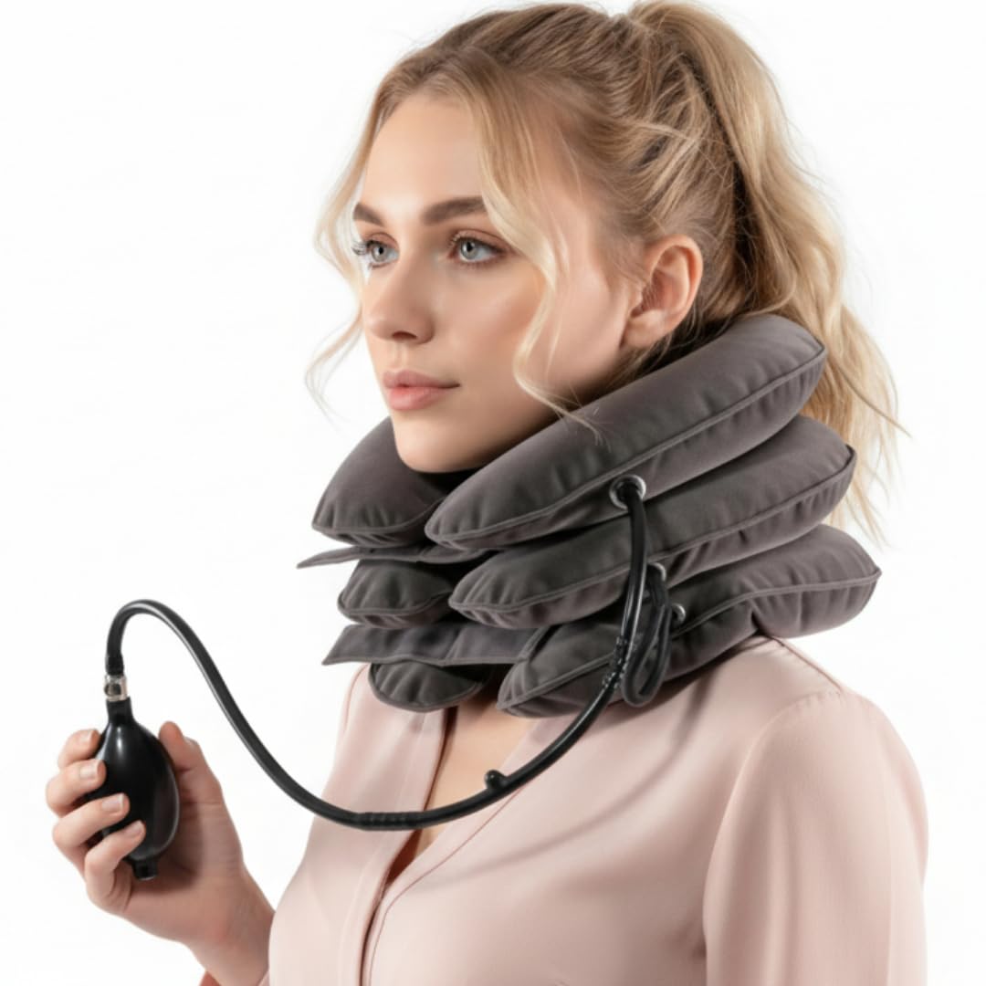 Spinegear Inflatable Cervical Neck Traction Device – 3 Layer Adjustable Neck Stretcher Air Pillow Brace for Spine alignment & Shoulder neck Pain Relief, Muscle Strain Support – One Size Fits All