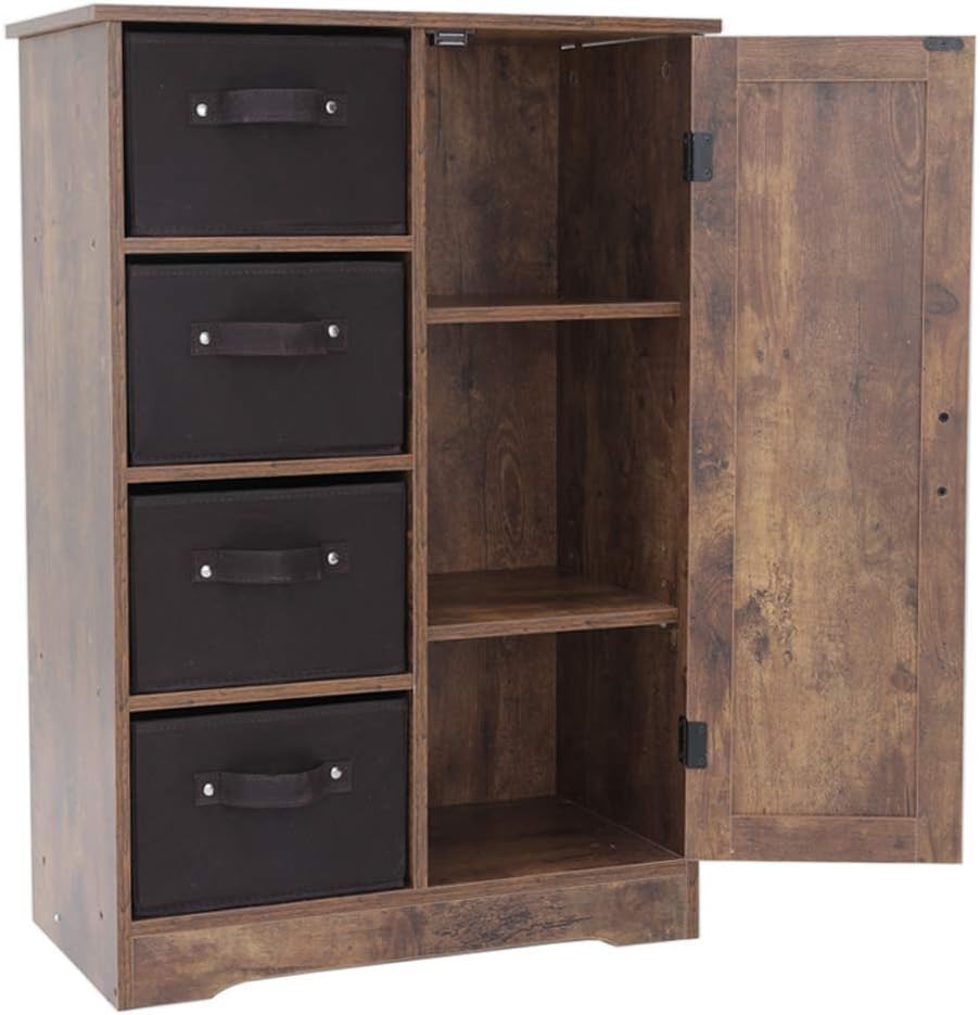 USIKEY Dresser Storage Tower with 4 Removable Drawers and 1 Cabinet, Storage Cabinet, Wine Cupboard with Door, Bookcase, for Living Room, Bedroom, Office Organizer