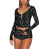 INFITTY Womens Sexy Vneck 2 Piece Sets Casual Long Sleeve Button Short Pajama Outfit 2026 Trendy Crop Top Nightwear