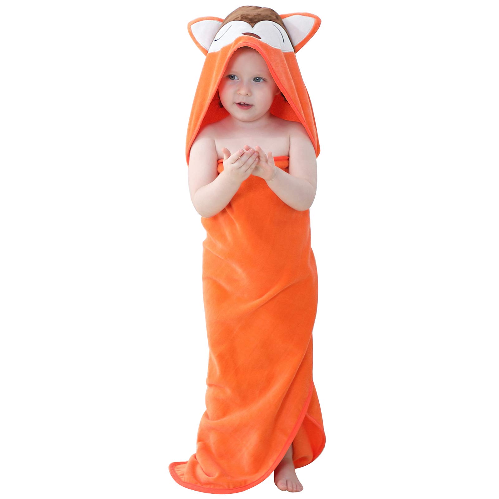 COOKY.D Hooded Baby Bath Towel 100% Soft Cotton Kids Towelling Bathrobe for Girls Boys, 0-6 Years Old, 90 x 90cm, Orange Fox