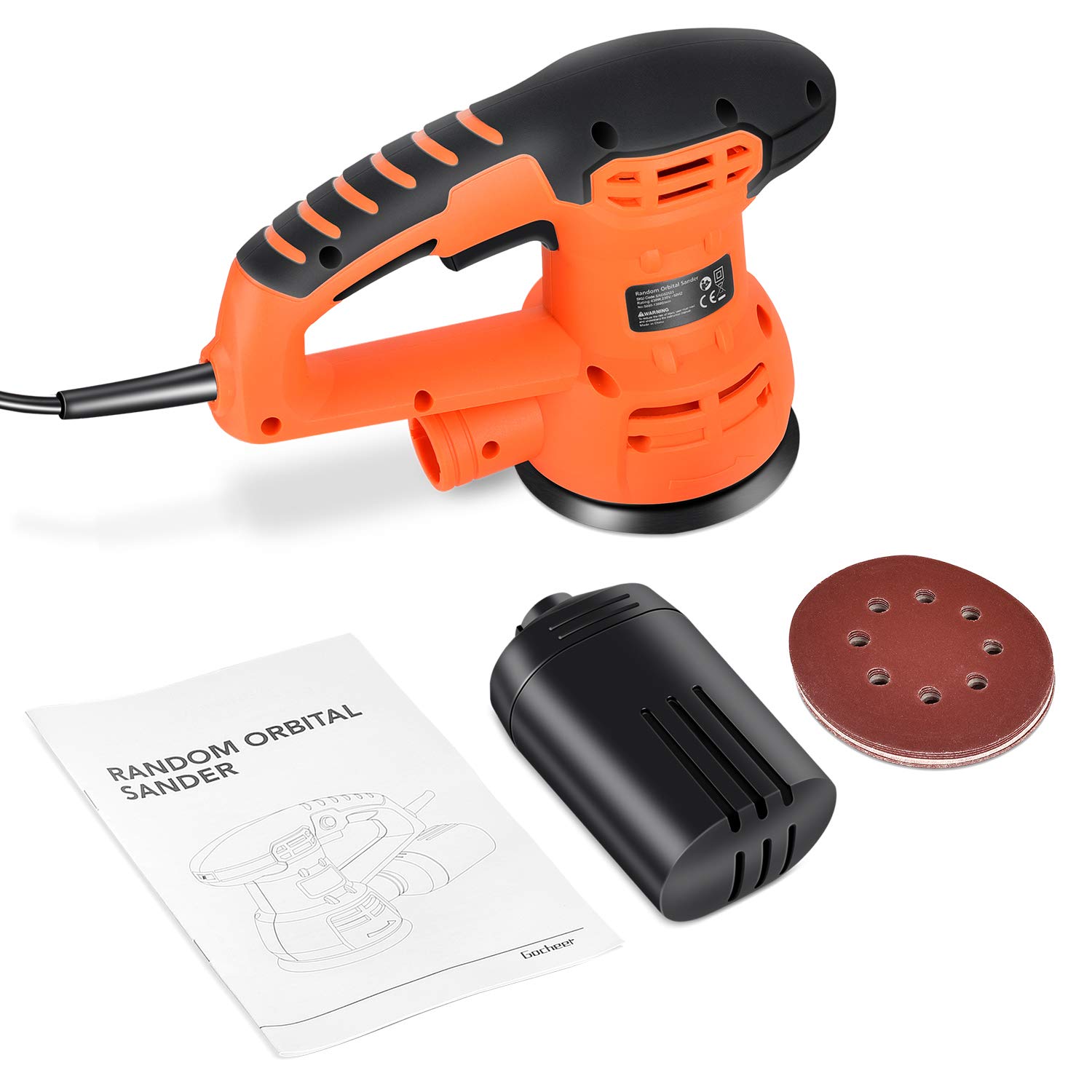 Exzenterschleifer, Gocheer Schleifmaschine 400W,6 Variable Speed,Ø125 mm,5000-13000 RPM Motor mit Reinigung und Staubsammelung System,Bequemer Griff,10 Stück Schleifpapier(3*80＃/ 3*120＃/ 4*240＃)