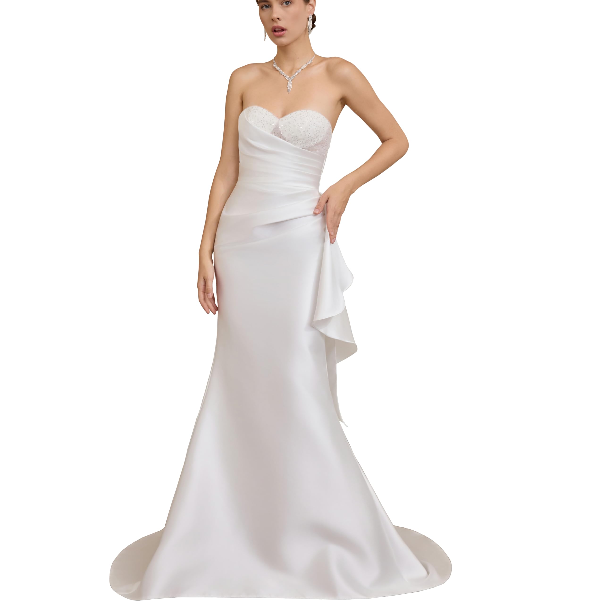 Photo 1 of Off Shoulder Satin Wedding Dress – Lightweight Bridal Women Gown with Back Lace-Up, Ruched Sequin Chest & Train for Sleeveless Summer Beach Weddings & Evening Balls XL White