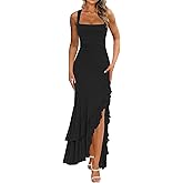 BORIFLORS Women's Elegant Bodycon Ruched Maxi Cocktail Dress | Wedding Guest Dresses, Square Neck, Sleeveless, Mermaid Ruffle, Homecoming Party, Long Dresses