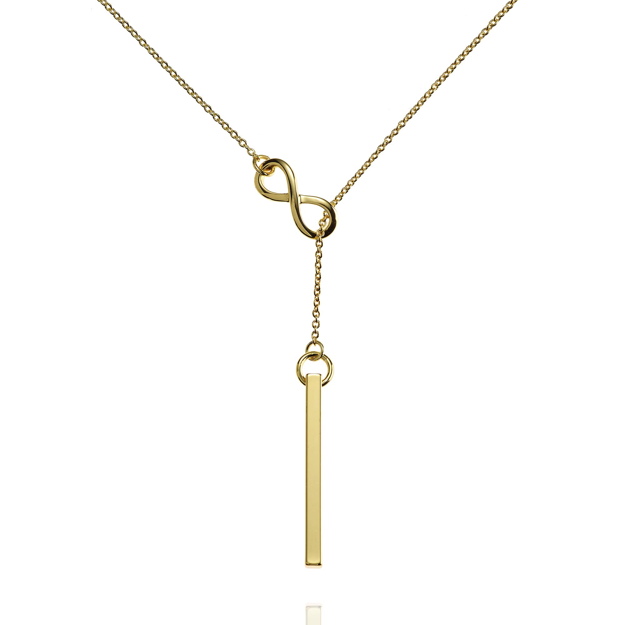 namana Infinity Y Necklace for Women. Gold Lariat Necklace with a Vertical Bar Sliding in an Infinity Motif.