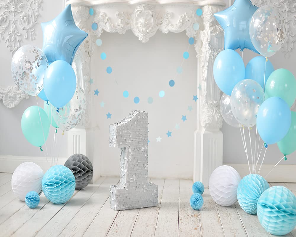 Haosphoto Boys 1st Birthday Backdrop 5X3FT Vinyl Paper Flowers Balloons Backdrops Ribbon Stars Cake Smash Photography Background for Kids Room and Dessert Table Wallpaper Photo Studio Props HS65