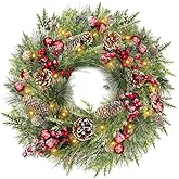 Timer-20 Inch Flocked Christmas Wreaths for Front Door, Lighted Christmas Wreath with 30 LED Warm White Lights, Real Touch Cedar Wreath Cypress Pinecone Red Berry Xmas Wreath Decor Home Outdoor Indoor