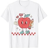 Cute Retro Checkered Apple with Face Teacher Pencil Trendy T-Shirt