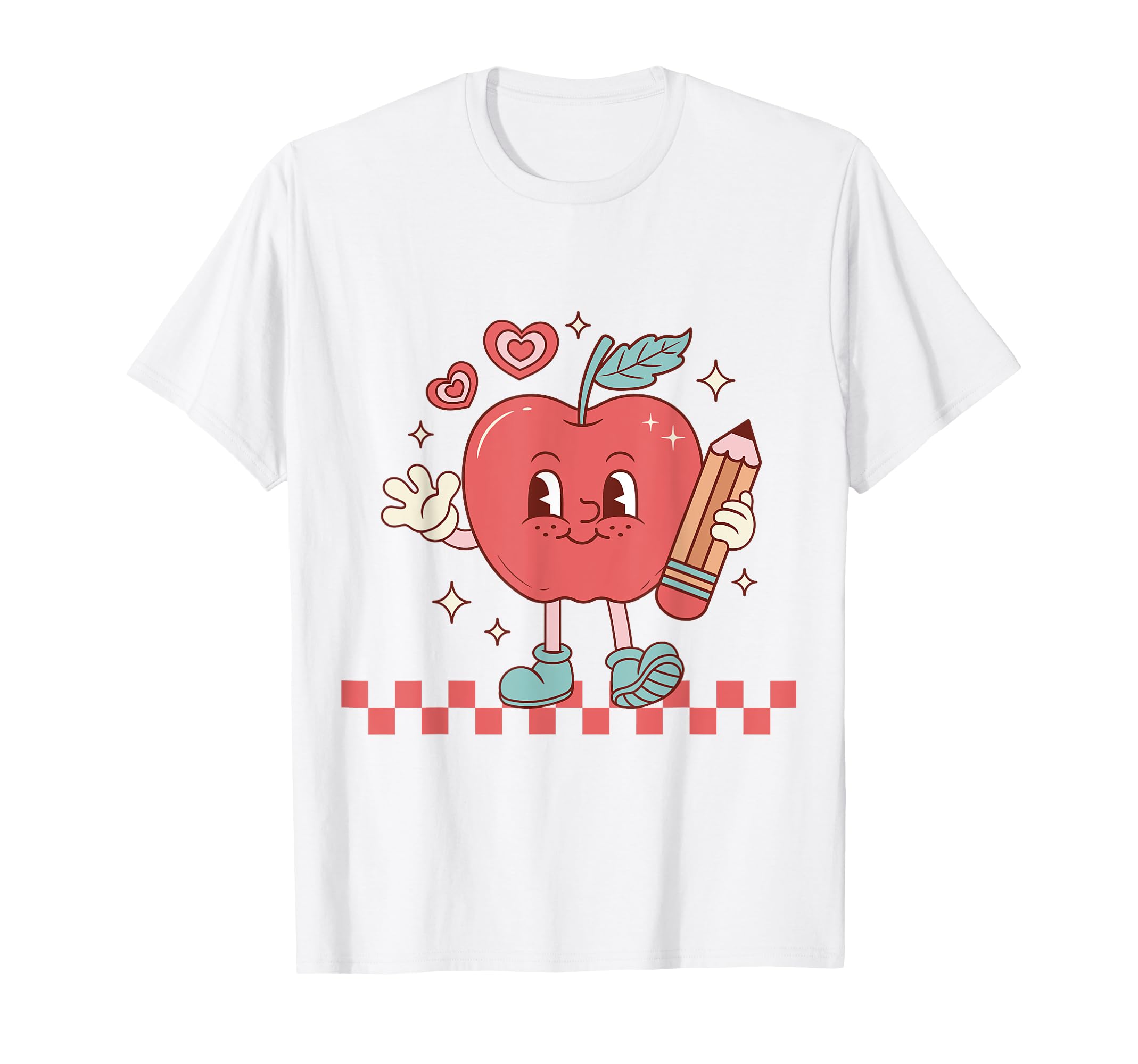 Photo 1 of Cute Retro Checkered Apple with Face Teacher Pencil Trendy T-Shirt Large