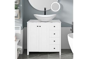 SOLIDEE 32 Inches White Bathroom Vanity with Marble Texture Top and 4 Drawers, Modern Standing Pedestal Cabinet with Marble Boat Ceramic Sink