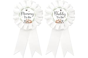 SUPERLUBY Woodland Animal Mom to Be Tinplate Badge Pin, Neutral Dad to Be Pin, Gender Reveal Button for New Parents, White Rosette Mom to Be Award Ribbon, Adventure Awaits Baby Shower Party Favors