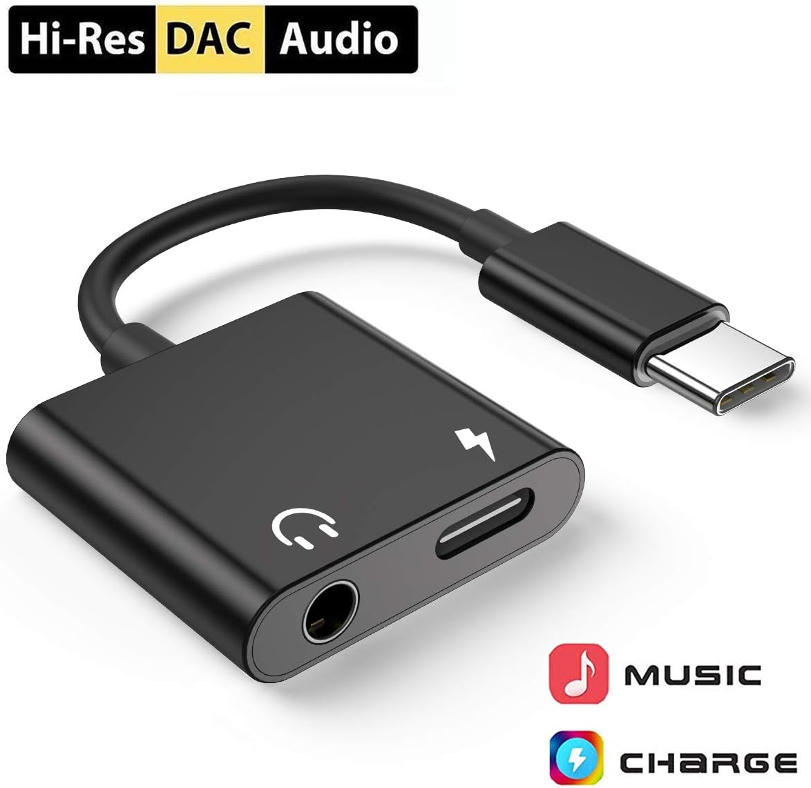 USB C to 3.5mm Headphone Jack Adapter Type C Aux Headphone Jack Stereo Adaptor Aux Splitter with DAC Chipset and PD Fast Charger for iPad Pro,Huawei P30/P20/P20 Pro,Samsung,Google Pixel-Black