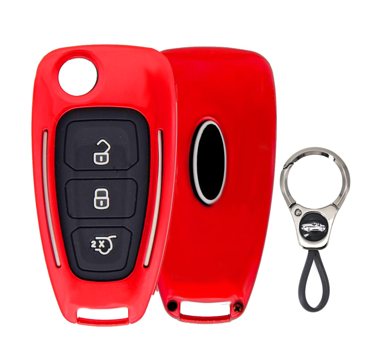 ABS Plastic with Silicone Inner Sleeve Protective Cover for Ford Flip Folding Key Fob,3 Buttons Car Key Case Shell Compatible with Ford Fiesta/Focus/Mondeo-Red