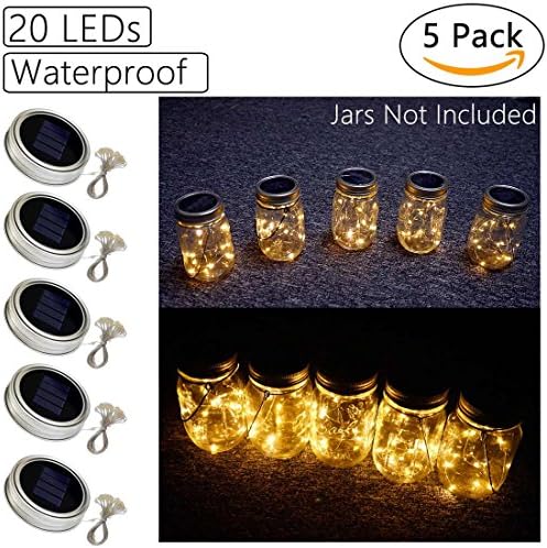 Solar Mason Jar Lid Lights, 5 Pack 20 Led String Fairy Star Lights Screw on Silver Lids Solar Powered, Best for Mason Jar Decor,Patio Garden Path Lights