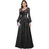 VGMXF Women's Long Sleeve Mother of The Bride Dresses V Neck Lace Appliques Formal Dress Floral Wedding Guest Dress