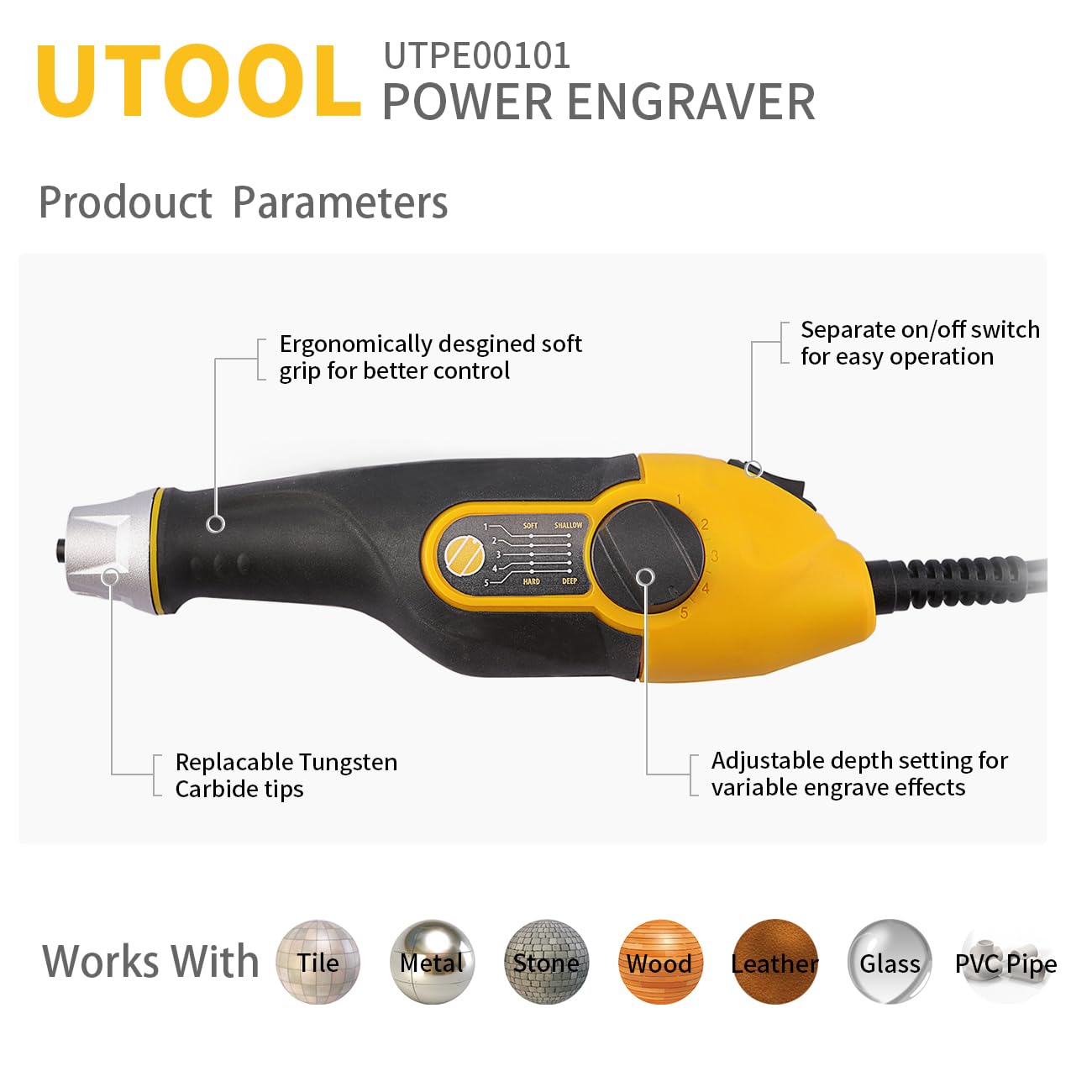 UTOOL Engraver Pen with Letter/Number Stencil, 24W Handheld Etching Tool for Wood Metal Glass Engraving with 4 Replaceable Tungsten Carbide Steel Bits