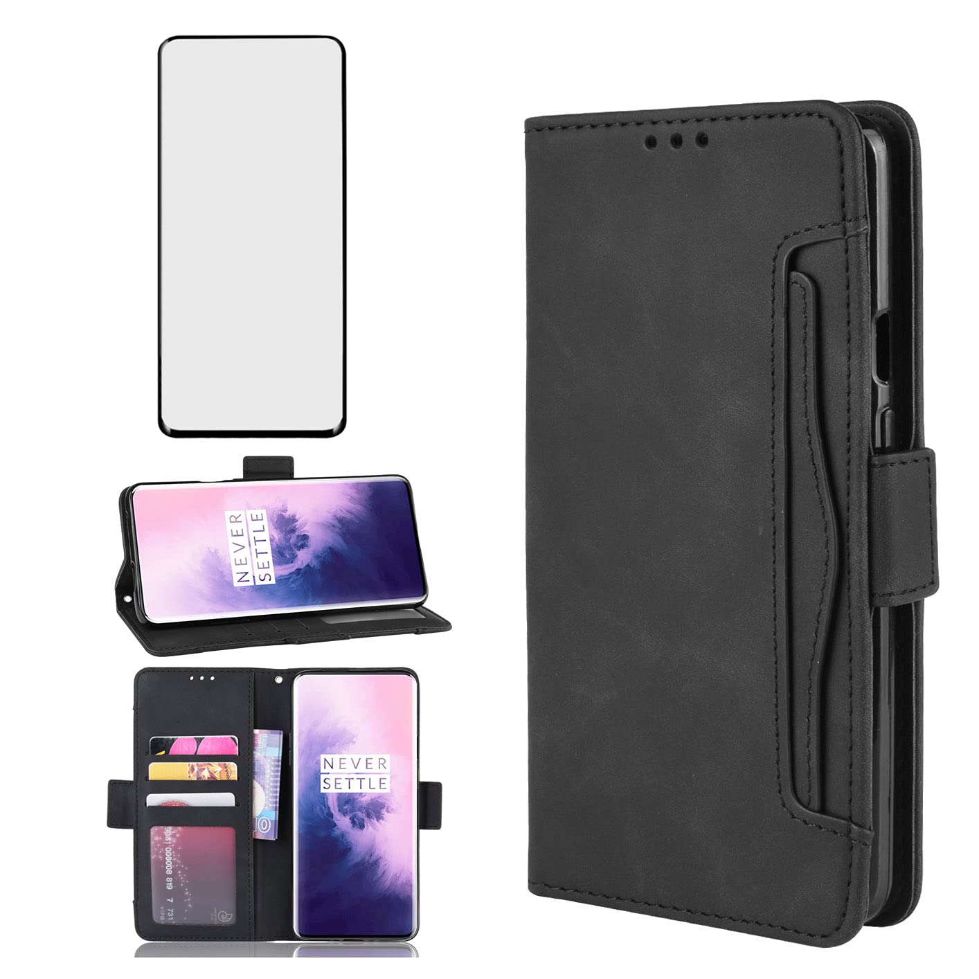 Phone Case for OnePlus 7 Pro Wallet Purse Leather Flip With Tempered Glass Screen Protector Card Holder Slot Stand Kickstand OnePlus7Pro 5G One Plus 1+7 1Plus OnePlus7 7Pro One+ 1 + Seven Black