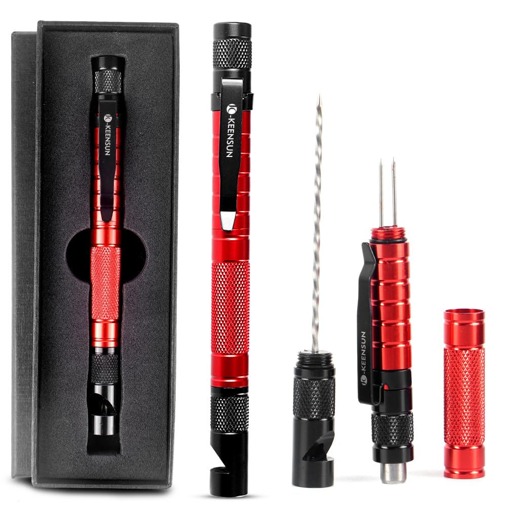 KEENSUN 6-in-1 Cigar Punch Pen ShapeTool Set Multitool with Cigar Punch(7mm),Cigar Draw Enhancer Cutter,Twin Nubber,Whistle and Clip(Red)