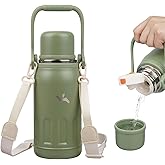 Insulated Water Bottle with Handle and Strap,Vacuum Travel Tumbler with Cup Lid,Thermo Coffee Cup for Hot Cold Drinks 27 OZ,Army Green