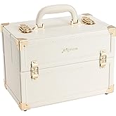 Joligrace Makeup Train Case Large Portable Cosmetic Makeup Storage Box Organizer Lockable with 4 Tray Compartments Retro Champagne Beige Vegan Leather